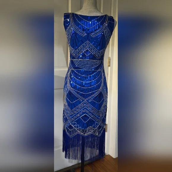 Sequins beads & stitching ROYAL blue flapper-style dress long fringe sz S - Picture 6 of 10
